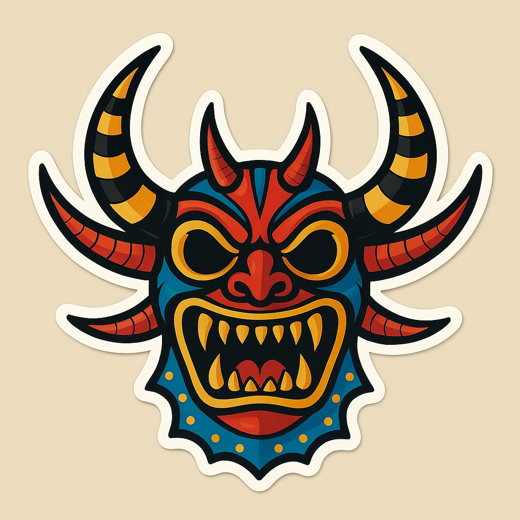 Demon Helmet Sticker Exploring the Vibrant Demon Mask Sticker's Design & Culture – Chiquines