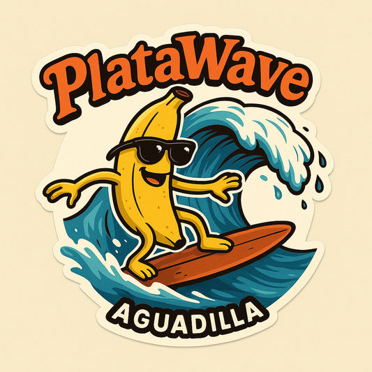 Ride the Wave with the PlataWave Surfer Banana Sticker
